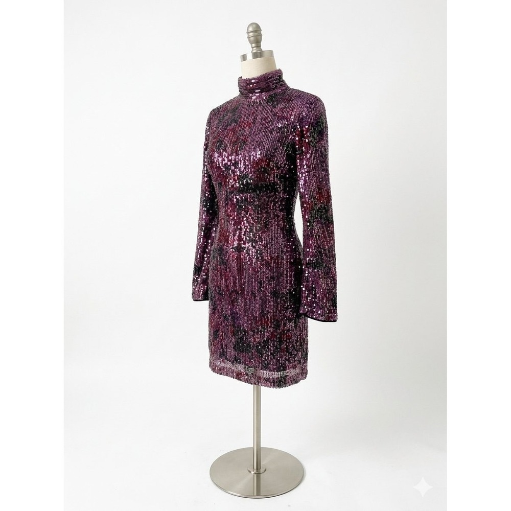 One33 Social Sequin Mini Dress Womens 0 Purple Black Good Open Back Mock Neck